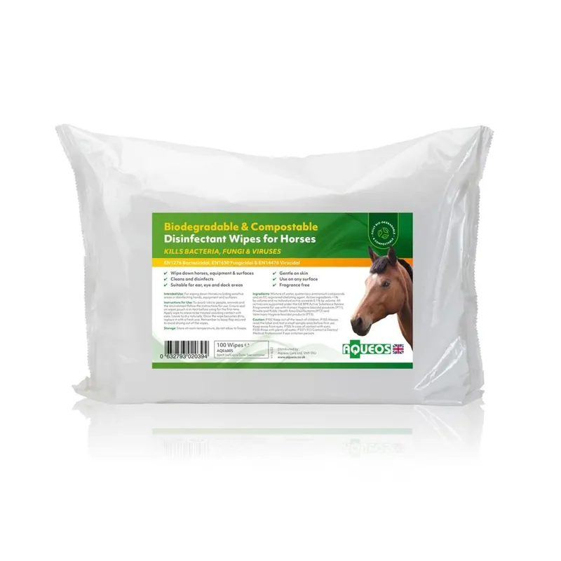 Aqueos Bio-Degradable and Compostible Disinfectant Horse Wipes - 100 wipes