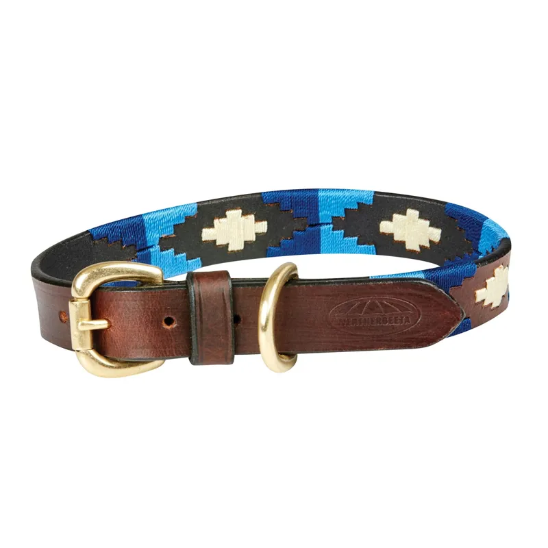 WeatherBeeta Polo Leather Dog Collar - Cowdray Brown/Blue/Blue