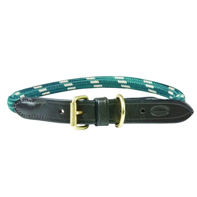 WeatherBeeta Rope Leather Dog Collar - Hunter Green/Brown