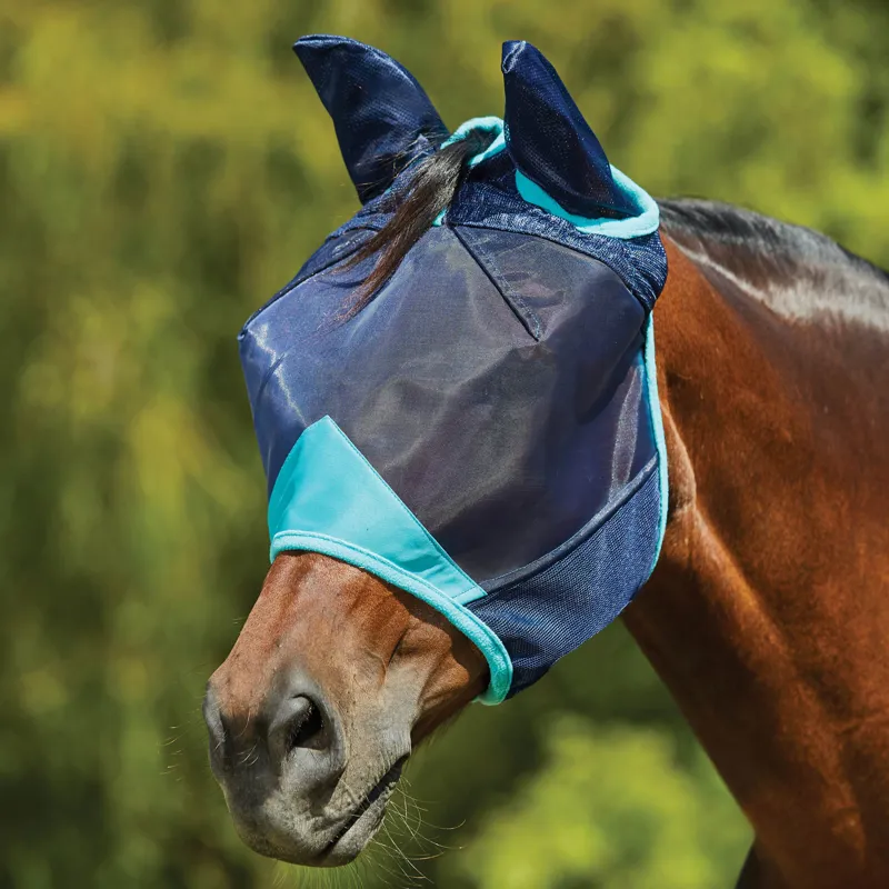 WeatherBeeta ComFiTec Deluxe Fine Mesh Fly Mask with Ears - Navy/Turquoise