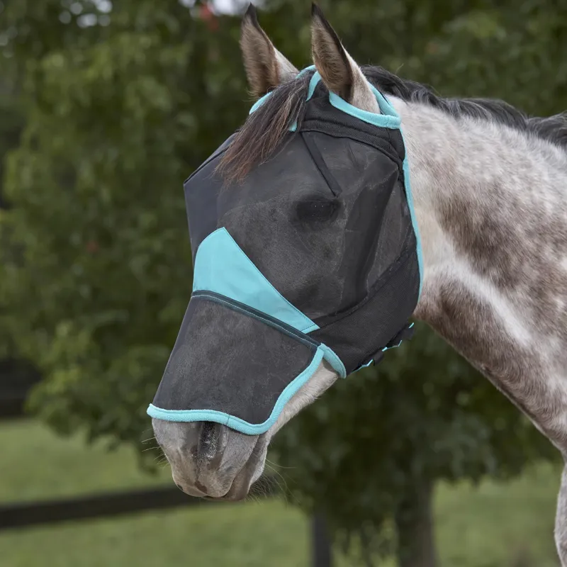 WeatherBeeta ComFiTec Deluxe Fine Mesh Fly Mask with Nose - Black/Turquoise