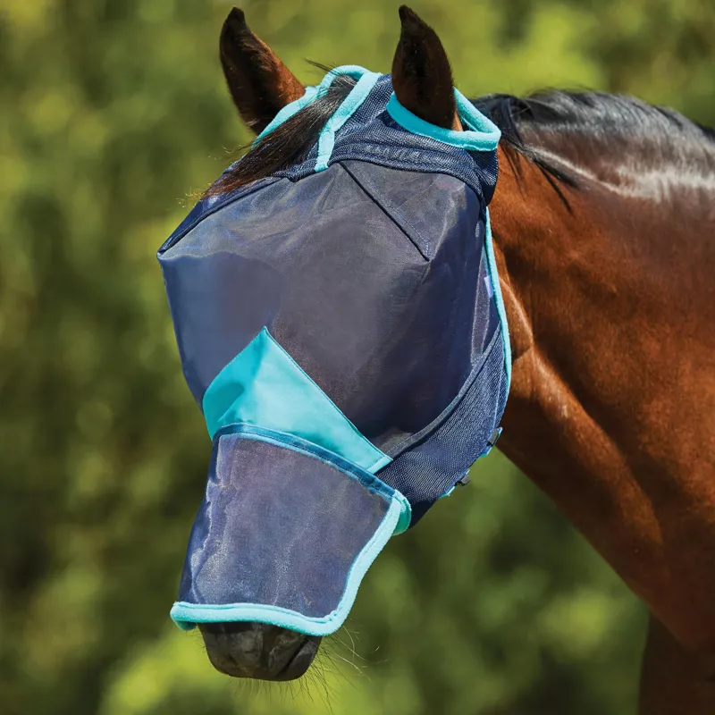WeatherBeeta ComFiTec Deluxe Fine Mesh Fly Mask with Nose - Navy/Turquoise