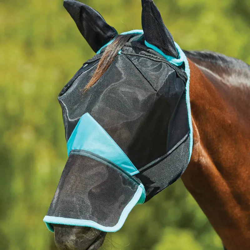 WeatherBeeta ComFiTec Deluxe Fine Mesh Fly Mask with Ears and Nose - Black/Turquoise