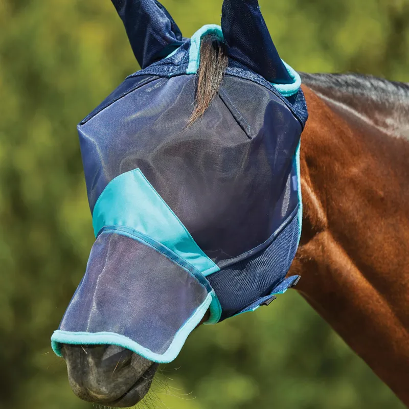 WeatherBeeta ComFiTec Deluxe Fine Mesh Fly Mask with Ears and Nose - Navy/Turquoise
