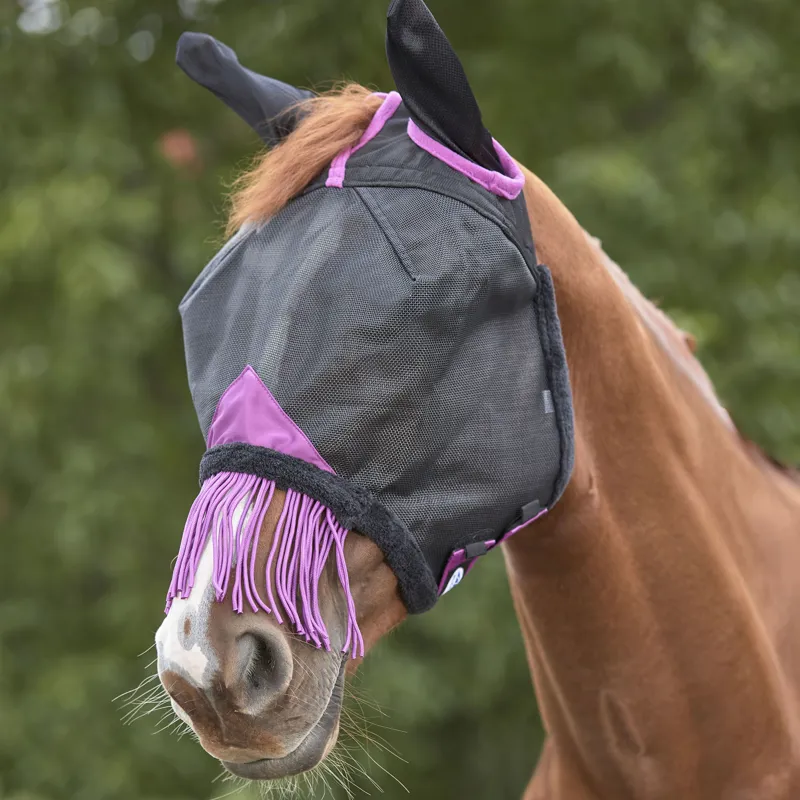 WeatherBeeta ComFiTec Deluxe Durable Mesh Fly Mask with Ears and Tassels - Black/Purple