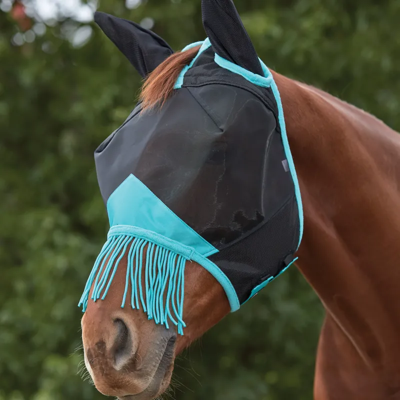 WeatherBeeta ComFiTec Deluxe Fine Mesh Fly Mask with Ears and Tassels - Black/Turquoise