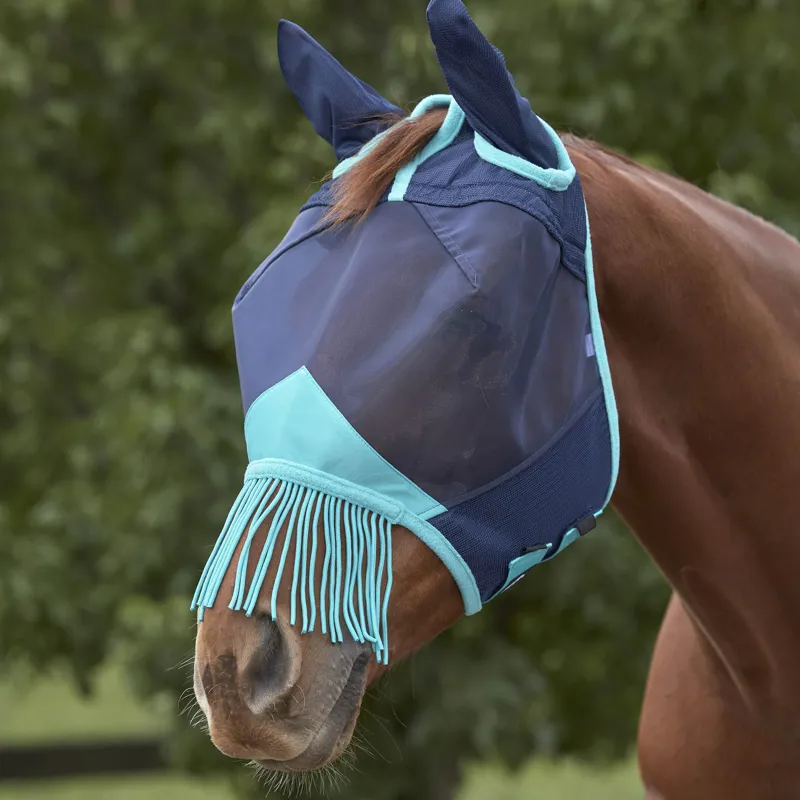 WeatherBeeta ComFiTec Deluxe Fine Mesh Fly Mask with Ears and Tassels - Navy/Turquoise