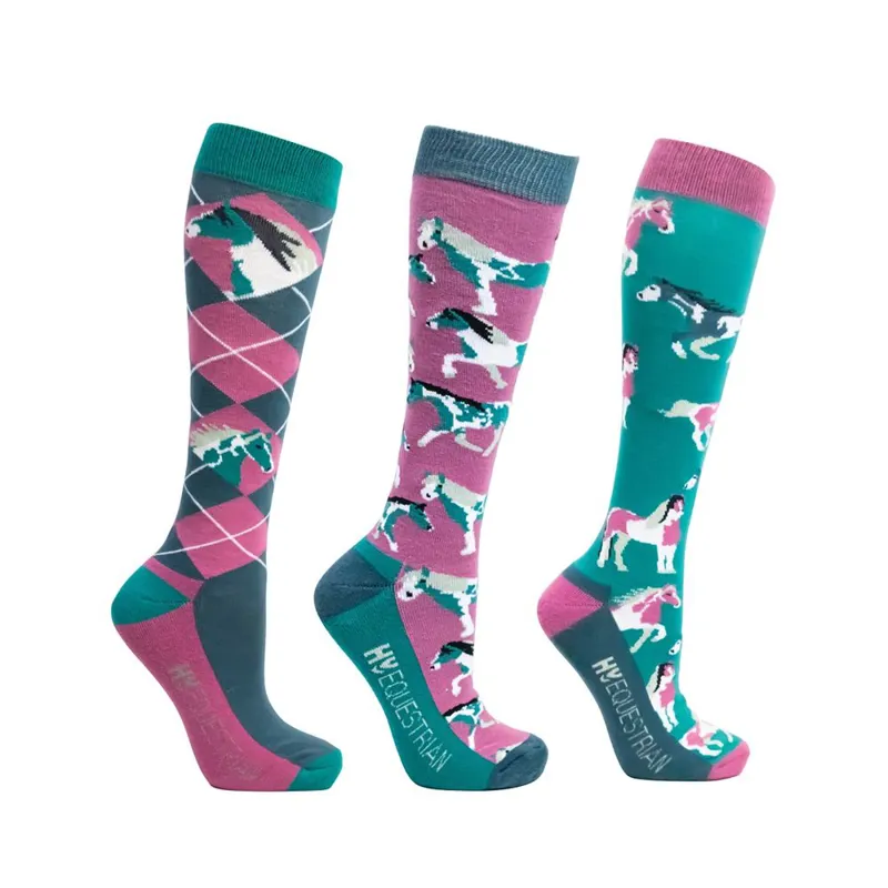 Hy Equestrian Horsing Around Socks - Pack of 3 - Teal/Berry