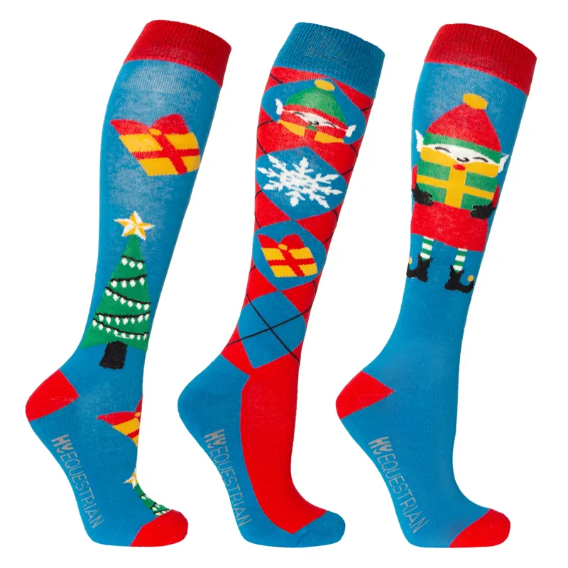 Hy Equestrian Jolly Elves Children's Socks - Pack of 3 - Winter Blue/Festive Red 