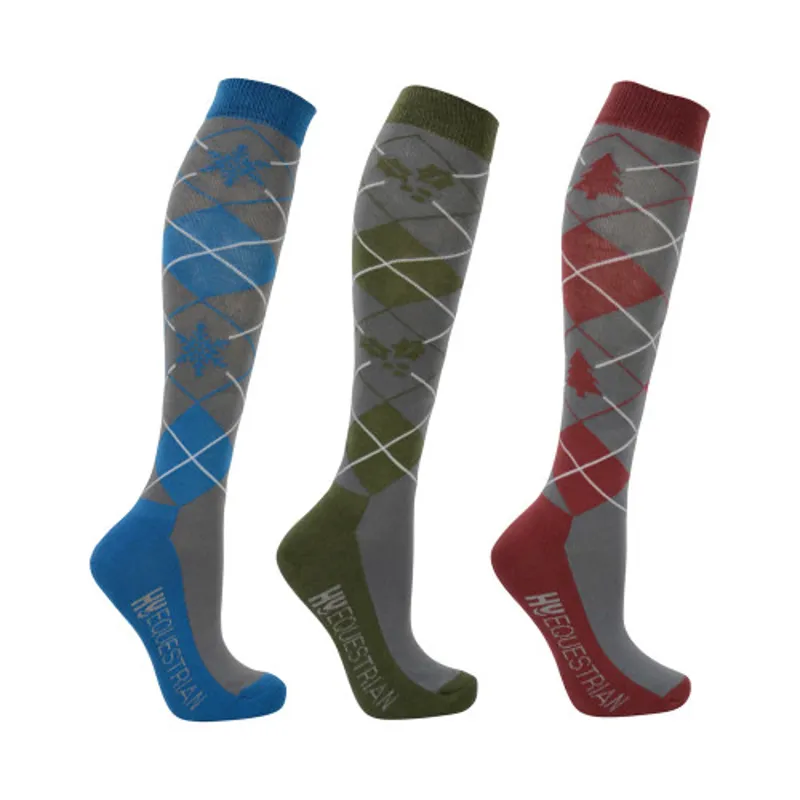 Hy Equestrian Christmas Argyle Socks - Pack of 3 - Slate/Red/Blue/Thyme 