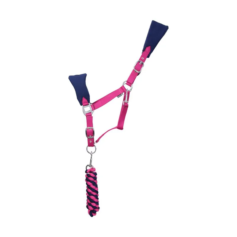 Hy Equestrian Belton Fleece Head Collar and Lead Rope Set - Navy/Pink