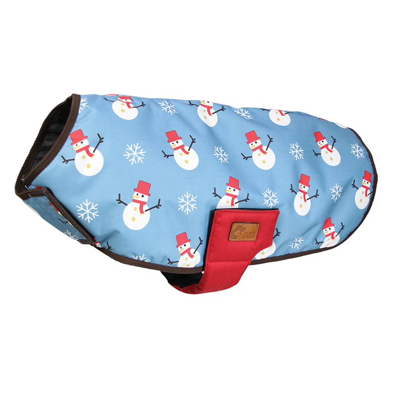 Benji and Flo Snowy The Snowman Dog Coat - Ice Blue/Berry Red