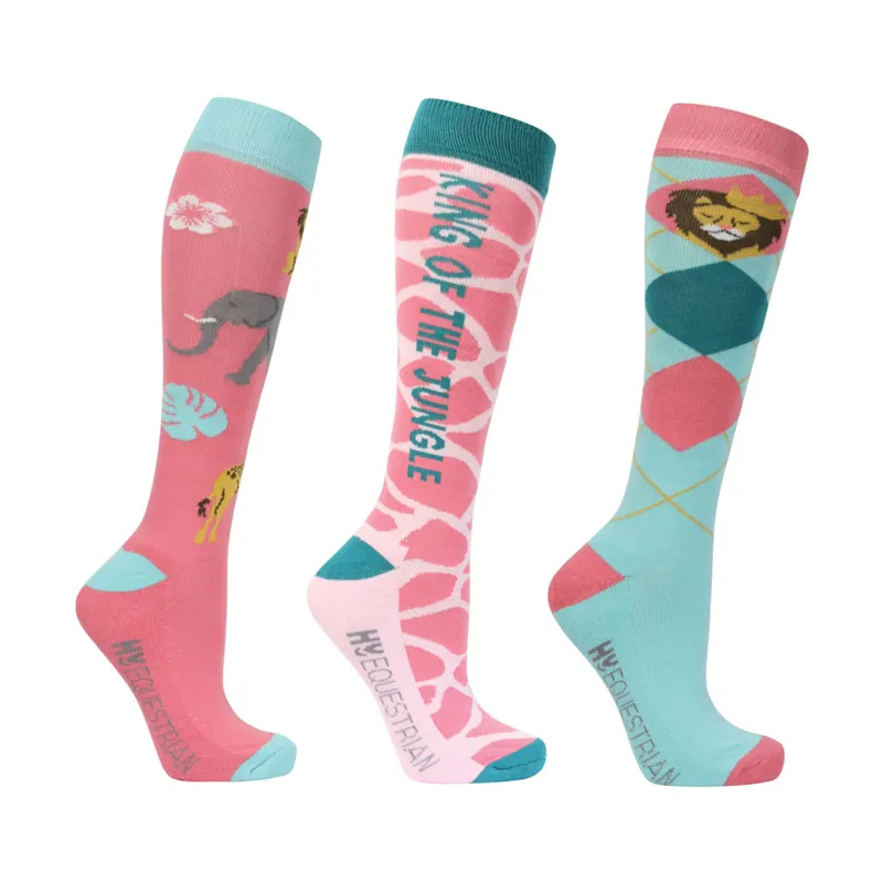 Hy Equestrian King of The Jungle Socks - Pack of 3 - Peach/Mint - Adult 4-8