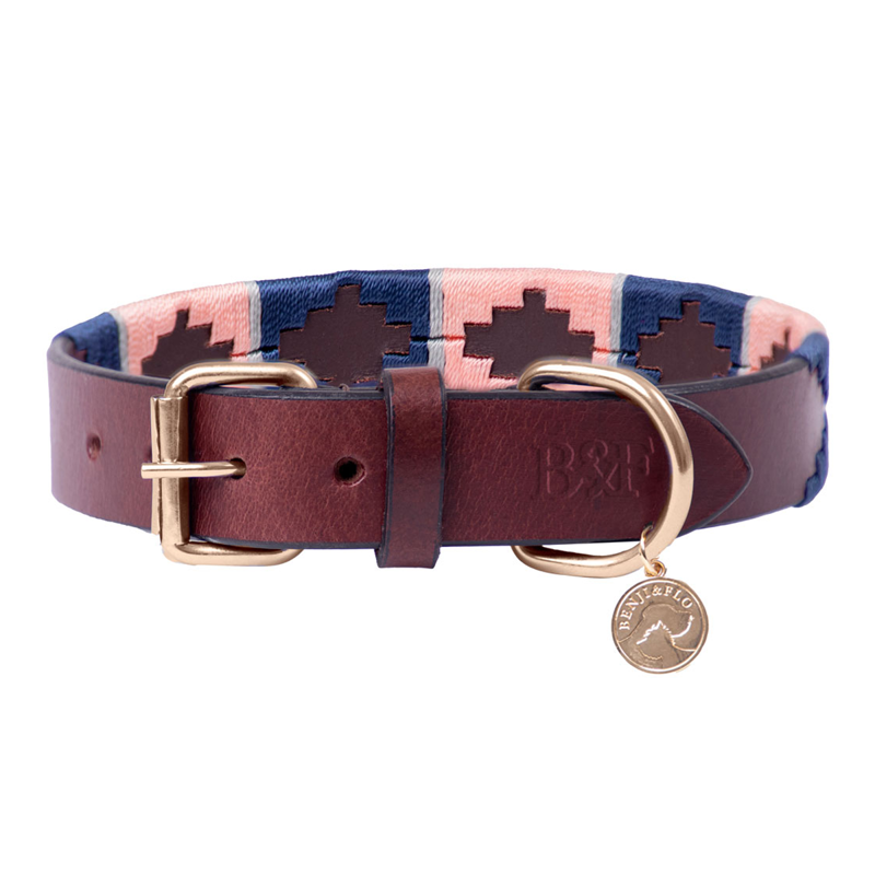 Benji and Flo Sublime Polo Leather Dog Collar - Navy/Rose