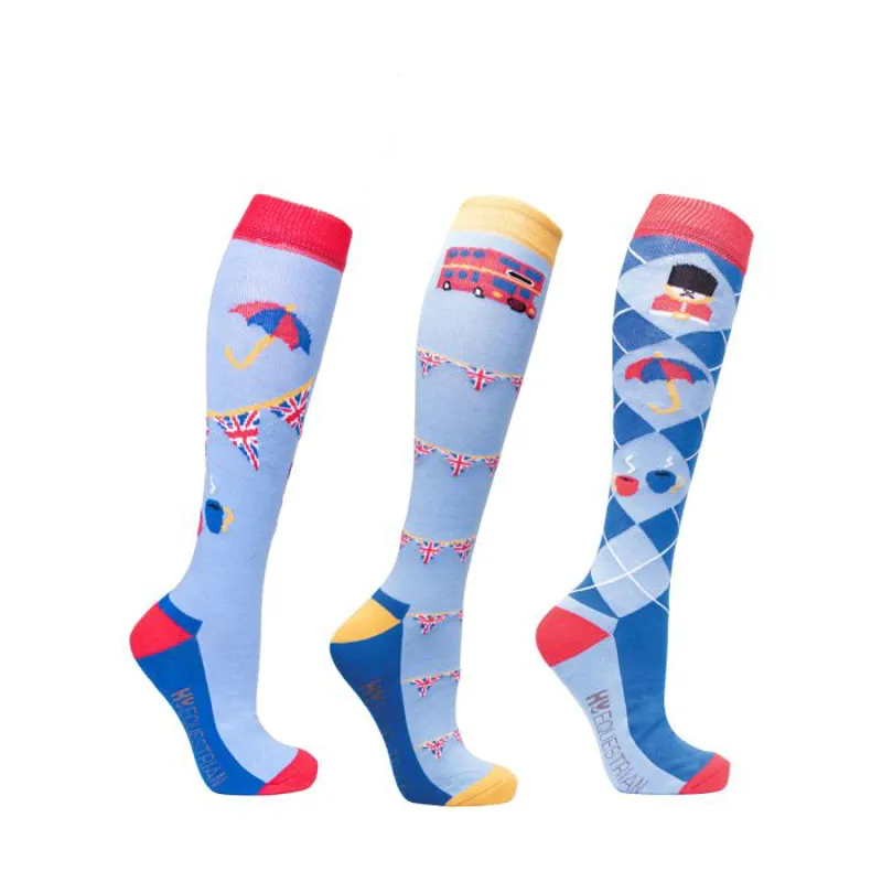 Hy Equestrian Love From London Socks - Pack of 3 - Sky Blue/Royal Red