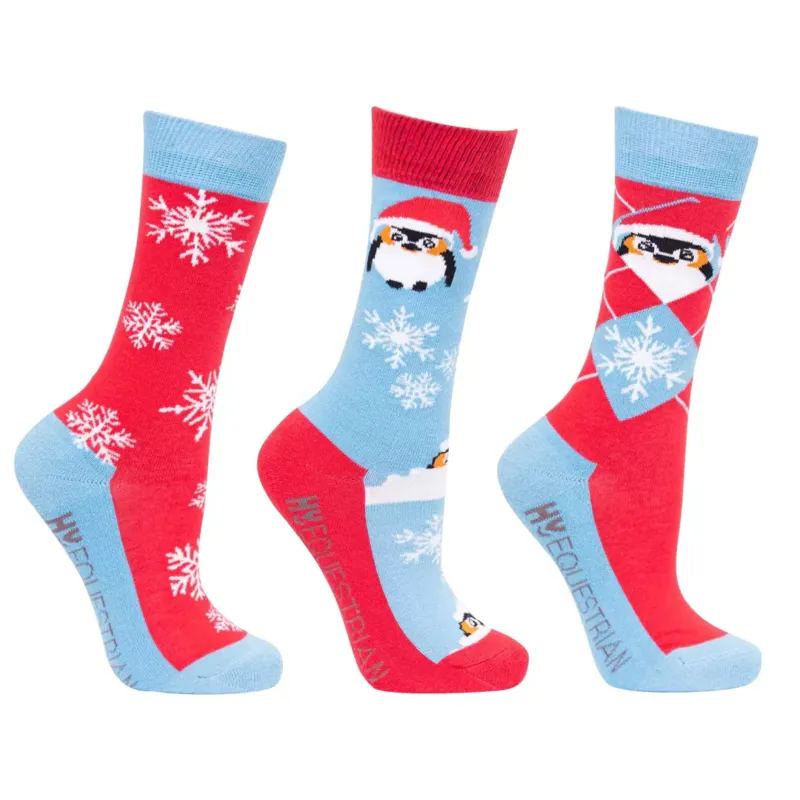 Hy Equestrian Playful Penguin Children's Socks - Pack of 3 - Sky Blue/Red