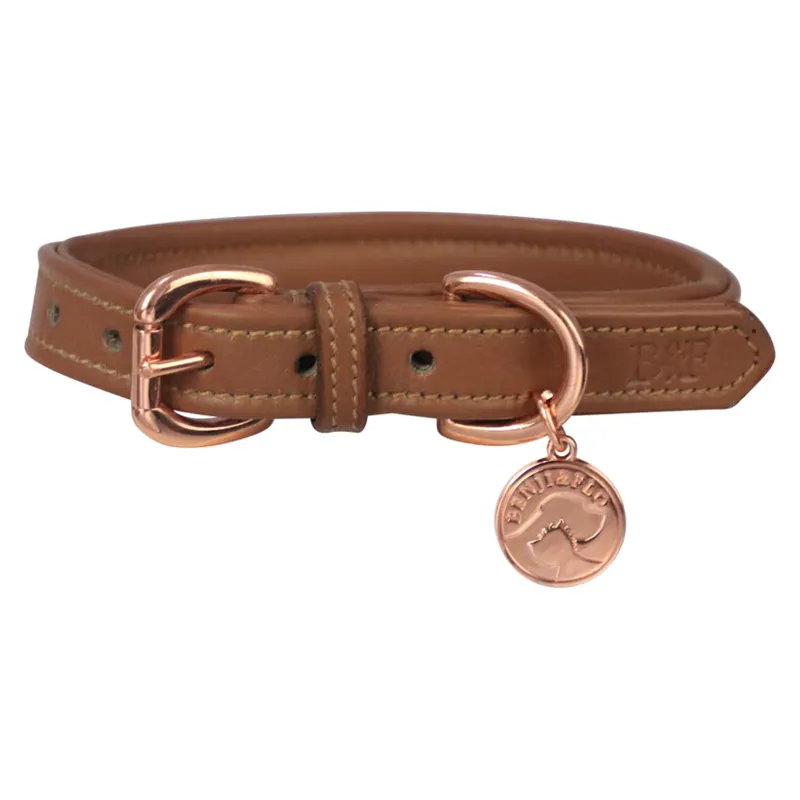 Benji and Flo Deluxe Padded Leather Dog Collar - Tan/Rose Gold