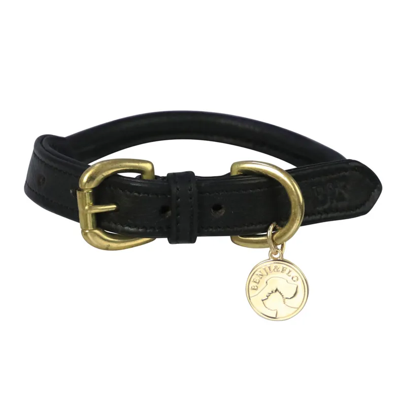 Benji and Flo Superior Rolled Leather Dog Collar - Black/Brass