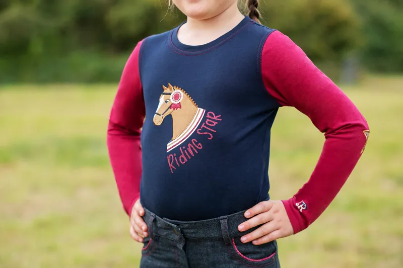 Hy Equestrian Riding Star Collection Long Sleeve T-Shirt by Little Rider - Navy/Burgundy