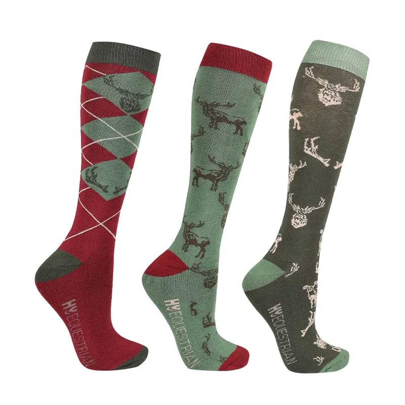 Hy Equestrian Divine Deer Socks - Pack of 3 - Moss/Merlot/Fawn