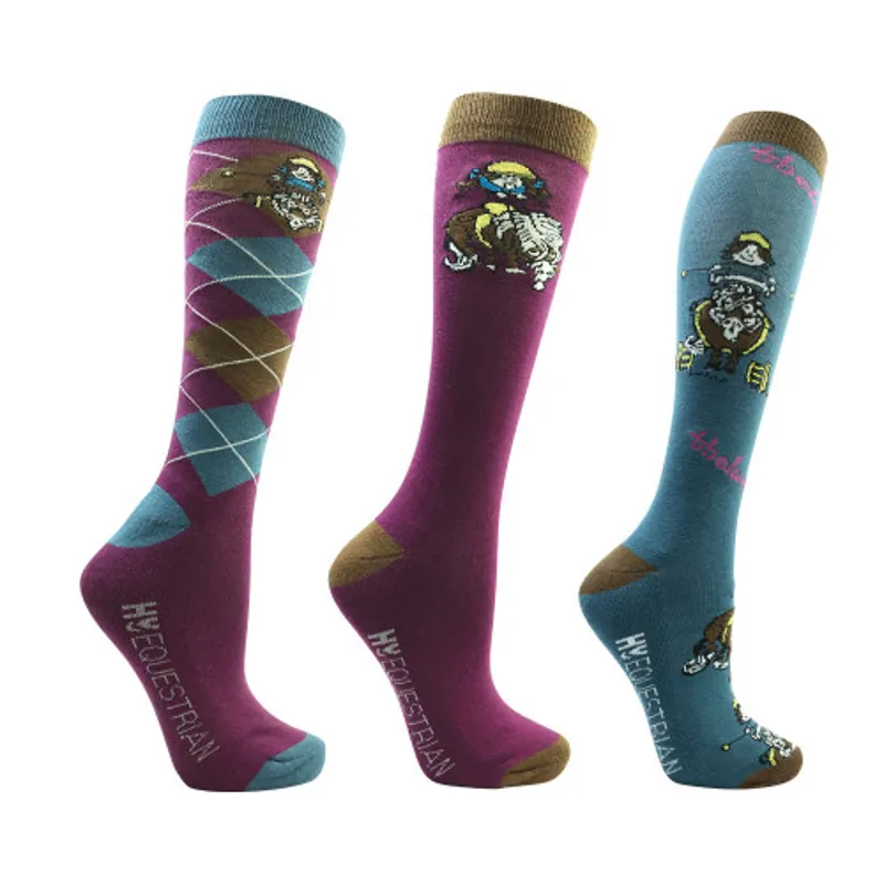 Hy Equestrian Thelwell Pony Friends Socks - Pack of 3 - Imperial Purple