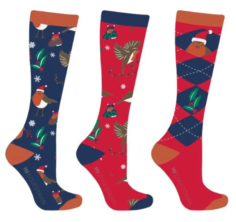 Hy Equestrian Ruby the Robin Christmas Socks - Pack of 3 - Navy/Red/Green
