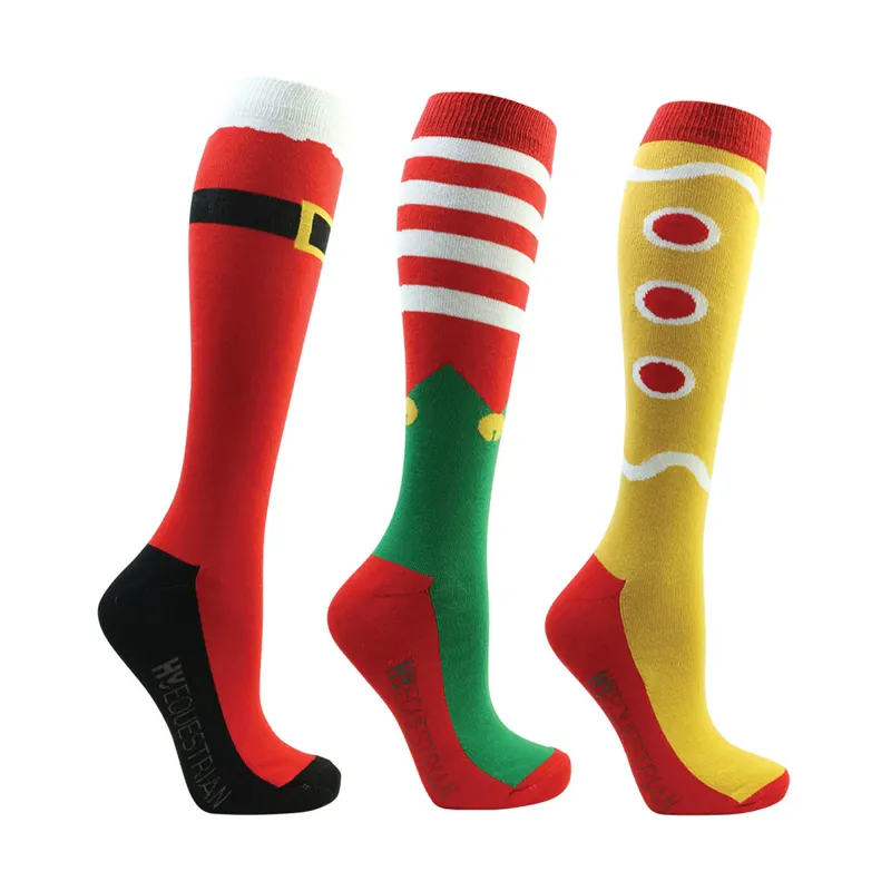 Hy Equestrian Festive Feet Adults Christmas Socks - Pack of 3 - Red