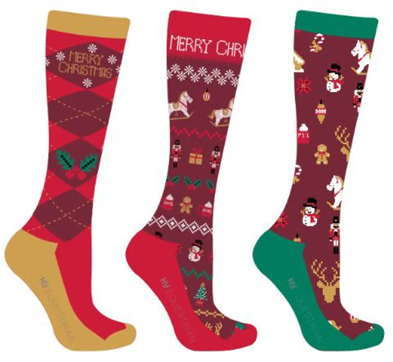Hy Equestrian Christmas Cross Stitch Socks - Pack of 3 - Red/Green/Gold