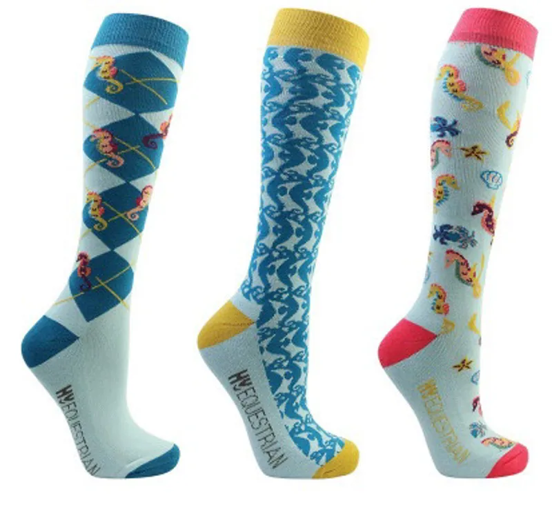 Hy Equestrian Shanti Seahorse Socks - Pack of 3 - Light Blue/Blue