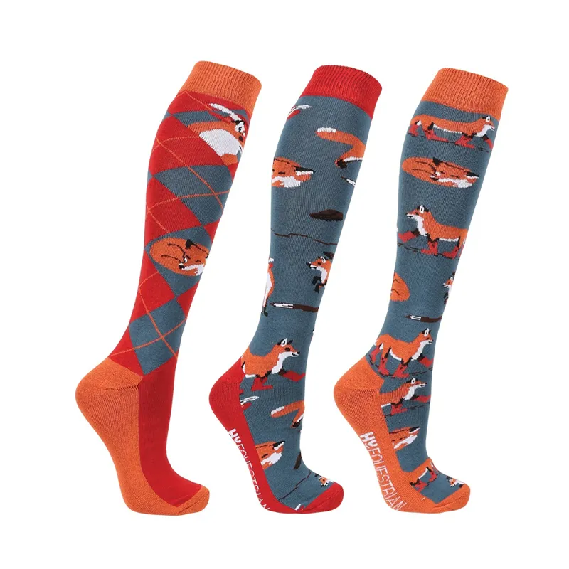 Hy Equestrian Frivolous Fox Socks - Pack of 3 - Blue/Red/Pumpkin