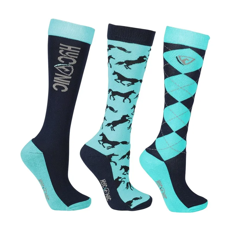 HYCONIC Pattern Children's Socks - Pack of 3 - Mizs 12-4 UK - Navy/Teal