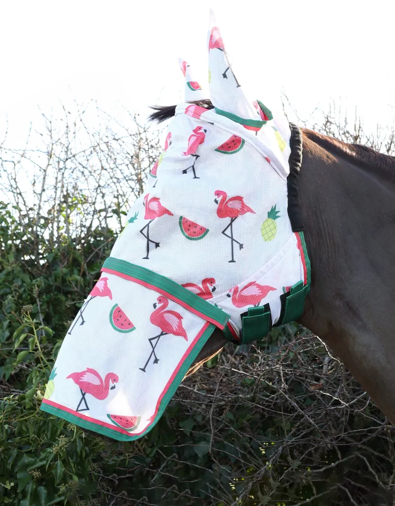 Hy Equestrian Flamingo Fly Mask with Ears and Detachable Nose - Green/White/Pink