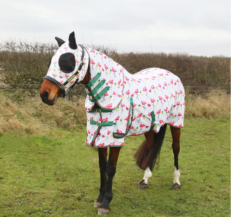 Hy Equestrian Lycra Flamingo Print Fly Mask - White/Pink-1