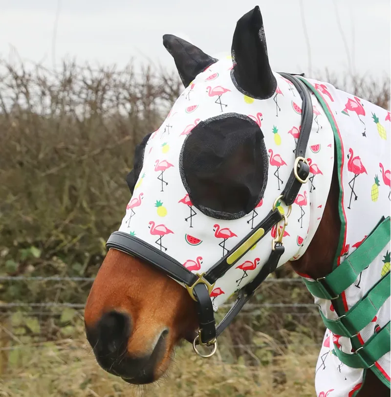 Hy Equestrian Lycra Flamingo Print Fly Mask - White/Pink
