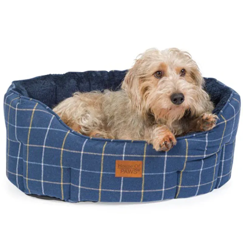 House of Paws Check Tweed Oval Snuggle Bed - Navy
