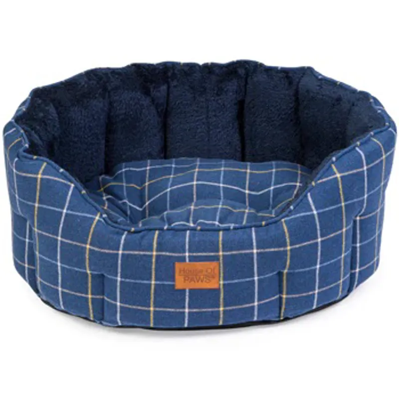 House of Paws Check Tweed Oval Snuggle Bed - Navy-1