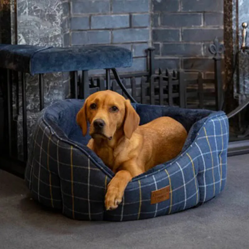 House of Paws Check Tweed Oval Snuggle Bed - Navy-2