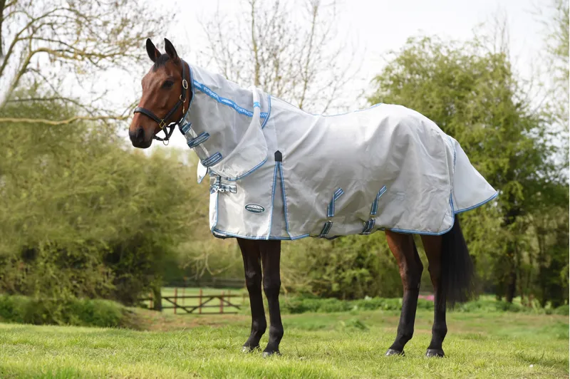 WeatherBeeta ComFiTec Hexi Shield Combo Neck Fly Rug - Silver/Teal Blue-1