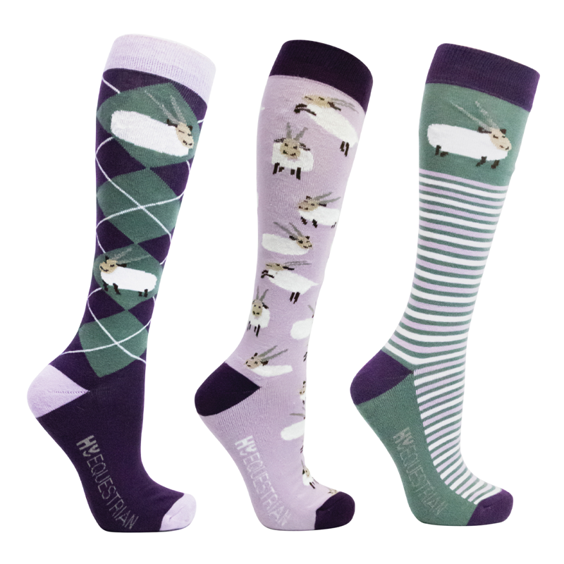 Hy Equestrian Gallant Goat Socks - Pack Of 3 - Purple/Moss
