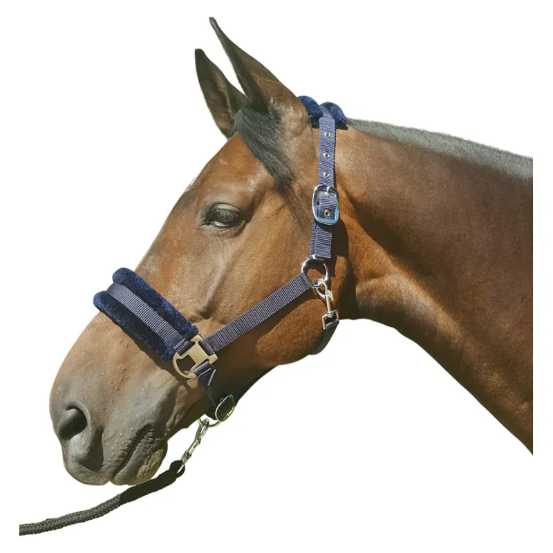 Hy Equestrian Faux Fur Padded Head Collar With Lead Rope - Navy