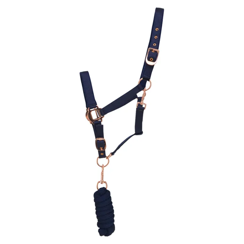 Hy Equestrian Rose Gold Head Collar and Lead Rope - Navy/Rose Gold