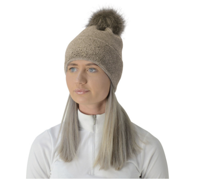 Hy Equestrian Alaska Diamante Bobble Hat - Beige/Gold-1