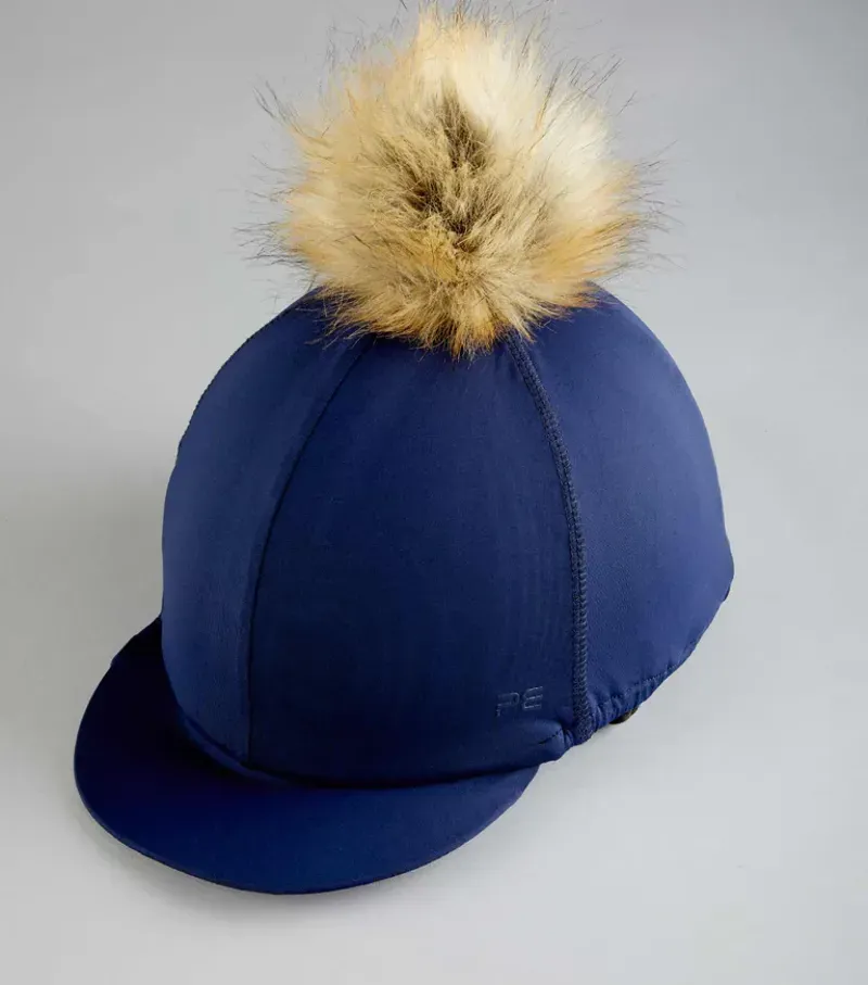Premier Equine Jersey Hat Silk With Faux Fur Pom Pom - Navy-3