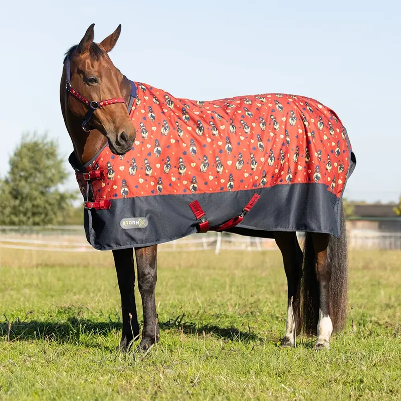 Hy StormX Original 100g Thelwell Collection Balancing Act Turnout Rug - Red/Navy-1
