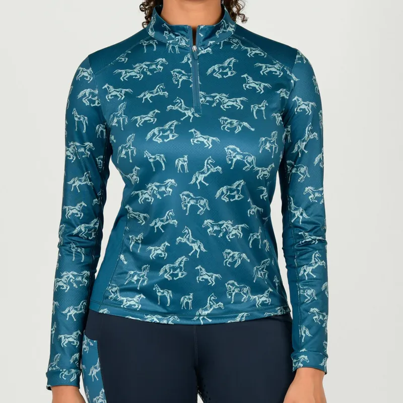 Dublin Autumn Sally Ladies Long Sleeve Riding Top - Legion Blue Frolicking Horses