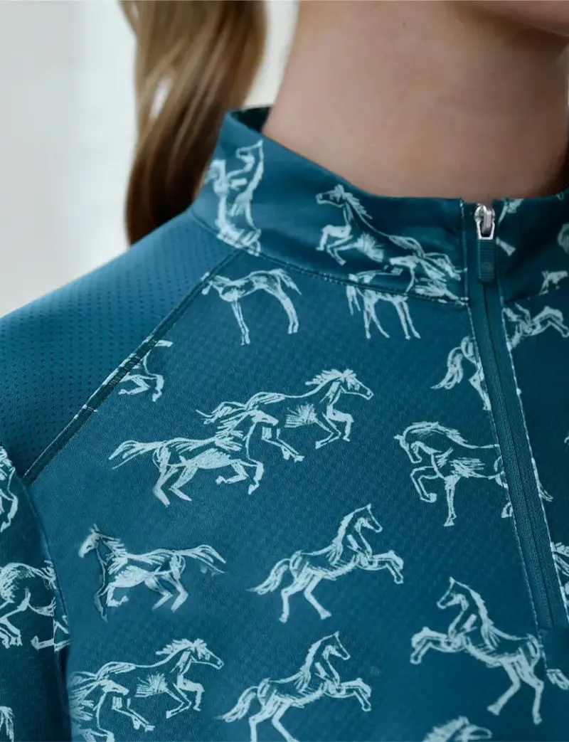 Dublin Autumn Sally Ladies Long Sleeve Riding Top - Legion Blue Frolicking Horses-3