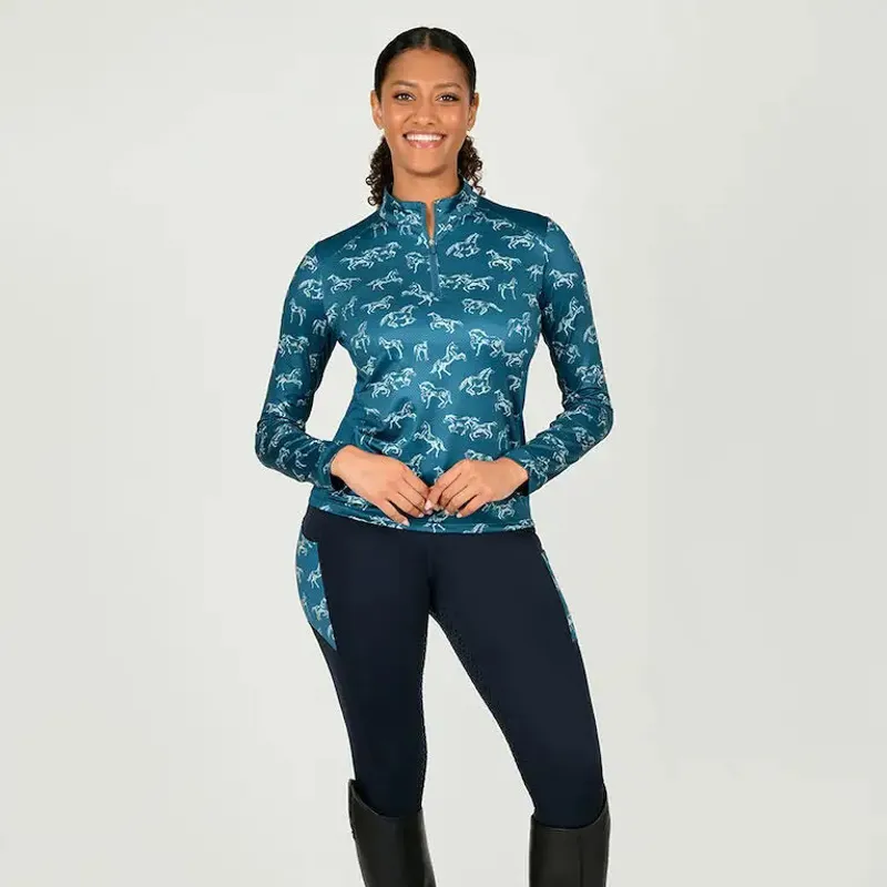 Dublin Autumn Sally Ladies Long Sleeve Riding Top - Legion Blue Frolicking Horses-1