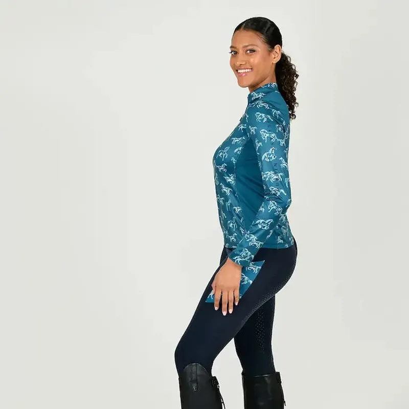Dublin Autumn Sally Ladies Long Sleeve Riding Top - Legion Blue Frolicking Horses-2