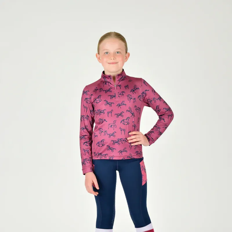 Dublin Children's Autumn Sally Long Sleeve Riding Top - Red Violet Frolicking Horses