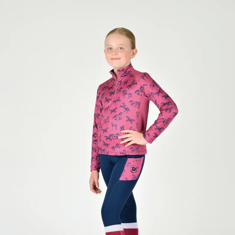 Dublin Children's Autumn Sally Long Sleeve Riding Top - Red Violet Frolicking Horses-1